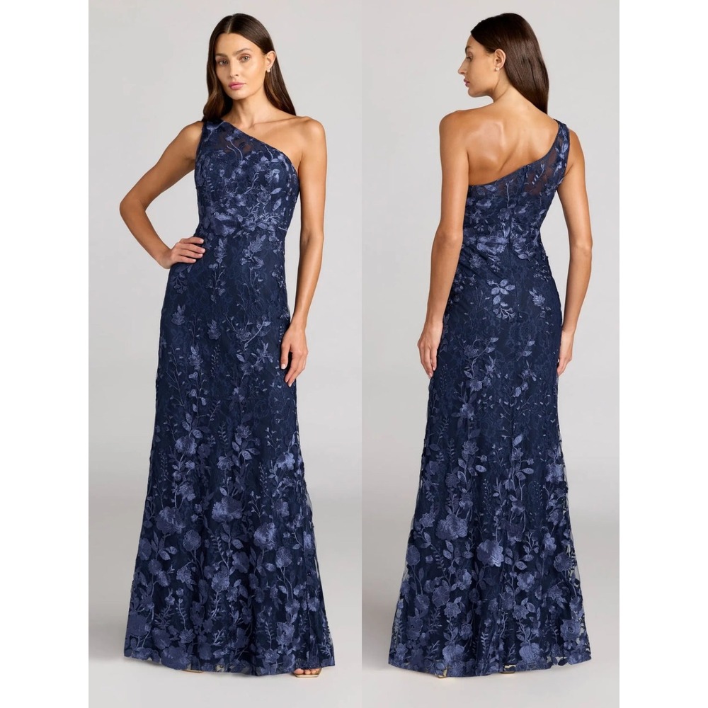 Mac Duggal Navy One Shoulder Floral Embroidered Gown $598 - Size 16